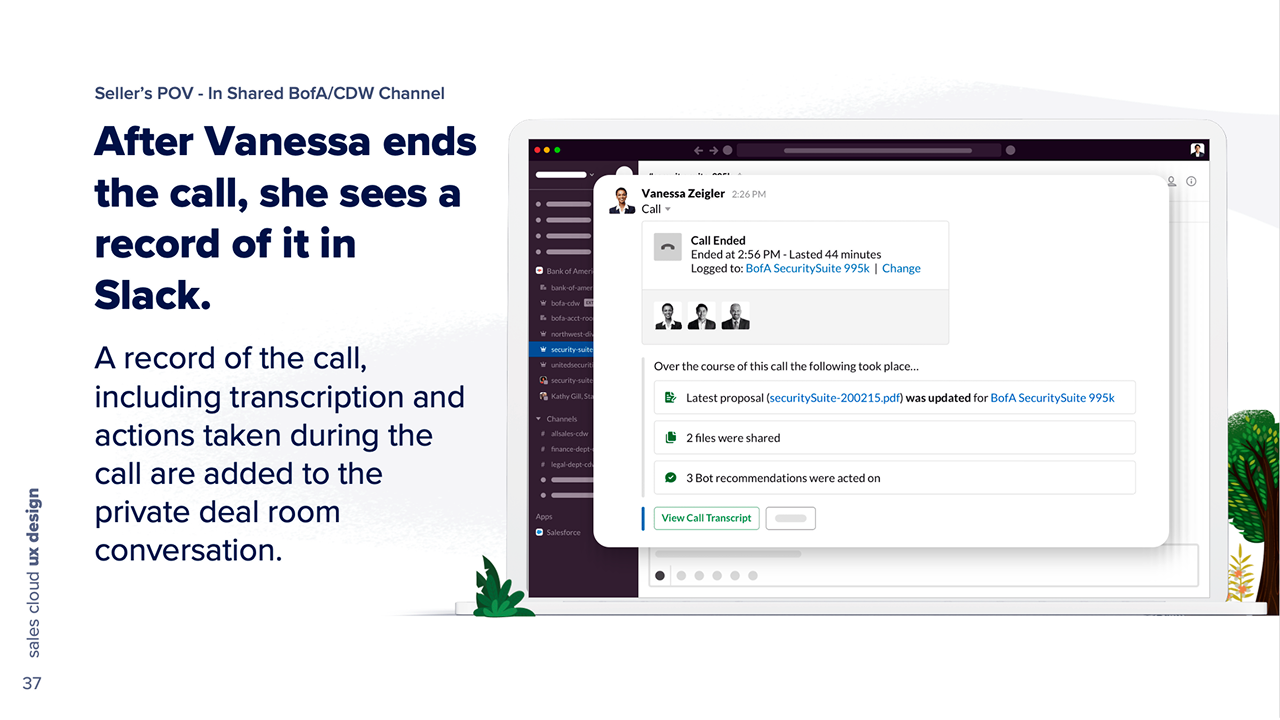 After the call ends, a record of it (transcript, files shared, and the bot recommendations acted on) is posted back into the deal conversation.